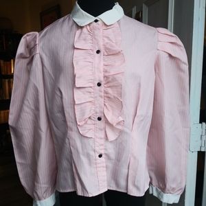 Vintage 1970s Ruffle Pin Stripe Button Puff Sleeve